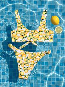 Swim Mod 春夏女款 2 件組海灘裝套裝，時尚熱帶可愛性感度假海邊泳池派對隨機印花水果檸檬白色抓皺上衣套裝 - 彩色 - 查看 2