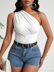 SHEIN PETITE 夏季休閒純色單肩無袖上衣 - 白色 - 查看 7