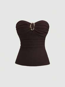 Sweetra Women's Spring/Summer Coffee Color Strapless Ruched Waist Slim Fit Metal Buckle Decor Top - Brown - View 3