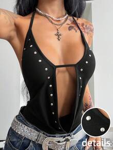 Coolane Women's Deep V Neck Halter Neck Spaghetti Strap Rivet Design Sexy One-Piece Bodysuit, Suitable For Casual, Vacation, Party - Black - View 2