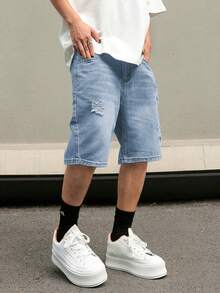 Manfinity EMRG Pantalones cortos vaqueros tipo 'jorts' de cinco bolsillos, de corte holgado y rotos para hombre - Lavado ligero - Ver 5