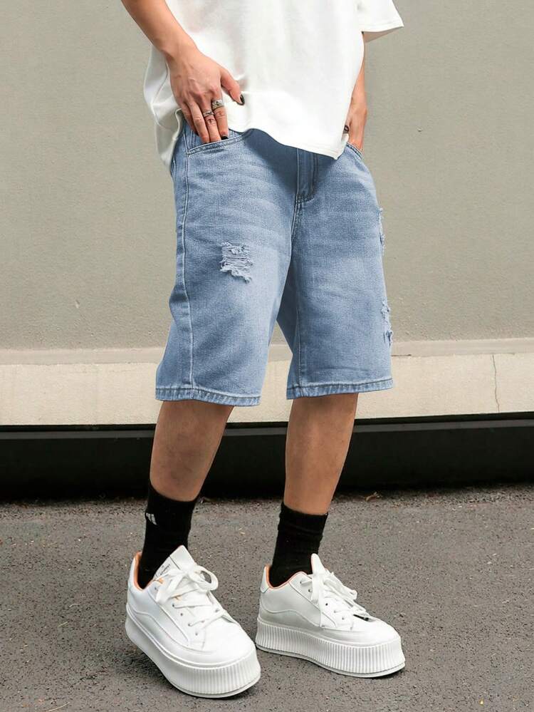 Manfinity EMRG Pantalones cortos vaqueros tipo 'jorts' de cinco bolsillos, de corte holgado y rotos para hombre - Lavado ligero - Añade 5