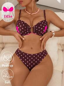 Swim DD+ 女款夏季海灘波點抓皺細肩帶比基尼三角褲兩件式泳衣套裝 - 中紫紅色 - View 4