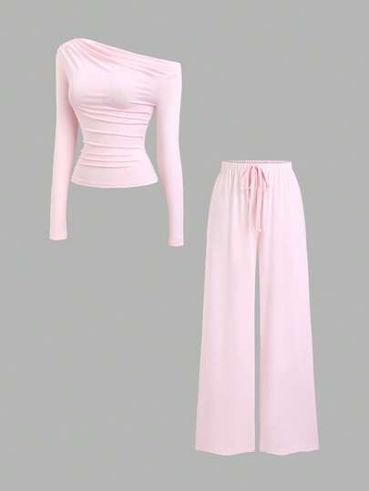 Sweetra Women's Elegant Asymmetrical Shoulder Ruched Waist Long Sleeve Top + High-Waist Drawstring Wide Leg Pants Set, Minimalist Sexy Casual 2-Piece Outfit