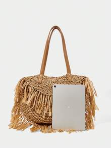SHECARRY Bolsa Tote Casual de Palha Trançada Khaki para Mulheres, Estilo de Design, Leve e de Grande Capacidade, Bolsa de Ombro com Franjas, Adequada para Compras, Festas, Férias, Viagens, Praia, Beira-Mar - Caramelo - Visão 4
