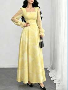 Modelyn Vestido largo de mujer con cuello cuadrado y mangas farol, estampado de flores de hibisco en estilo ditsy, cintura ceñida, vestido floral de color amarillo claro, adecuado para vacaciones de verano y uso diario - Multicolor - Ver 3