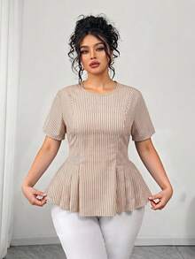 Elenzga Plus Size Women's Elegant Casual Versatile Round Neck Beige Short Sleeve Flared Blouse, Spring/Summer Office Formal - Khaki - View 3