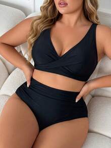 SHEIN CURVE+ 2026新款加大码两件套纯色V领上衣和高腰短裤女士夏季度假比基尼套装 - 黑色 - 查看 5