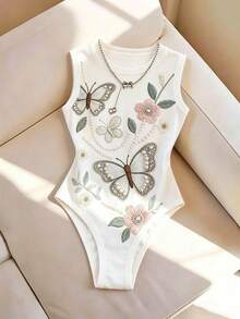 SHEIN Franclia Minimalistischer taillierter Rundhals-Bodysuit mit aufgedruckter Stickerei-Optik, tailliert, ärmelos, geeignet für Büro, Lässig und Urlaub - Weiss - Übersicht 2