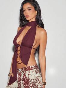 Denimoi Women's Solid Color Halter Neck Backless Sexy Versatile Date & Outing Top - Red Violet - View 4