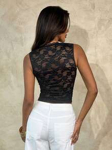 Women's Lace Hollow Out Sexy Versatile Date Night Out Club Outing Top Black Summer Aloruh Women's Black Floral Lace Cutout Neck Fitted Cropped Tank To - Black - View 5