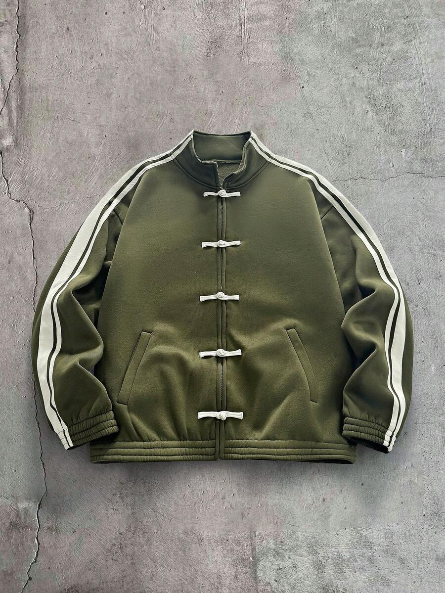 AXEPEAK 男士秋冬休閒拼色條紋運動衫 - 軍綠色 - 查看 1