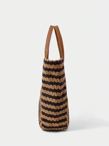 SHECARRY Bolso tote de mujer de moda de paja tejida a rayas, negro + caqui, color de contraste retro, bolso de hombro simple y ligero de gran capacidad, adecuado para compras, vacaciones de verano, viajes, playa, , combinación bohemia - Raya - Ver 5