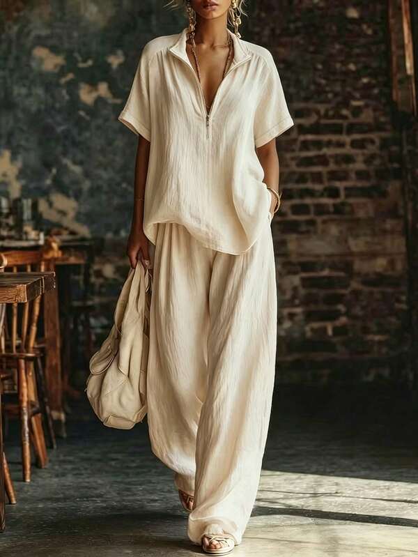 SHEIN Holidaya Conjunto casual de mujer de principios de otoño con textura arrugada, polo de media cremallera con cuello de solapa y manga corta, combinado con pantalones de pierna ancha drapeados de la misma tela, textura arrugada natural, ajuste holgado y relajado, adecuado para el hogar, viajes cortos, desplazamientos ligeros y múltiples ocasiones, conjunto de dos piezas de mujer con cuello polo y media cremallera de textura arrugada