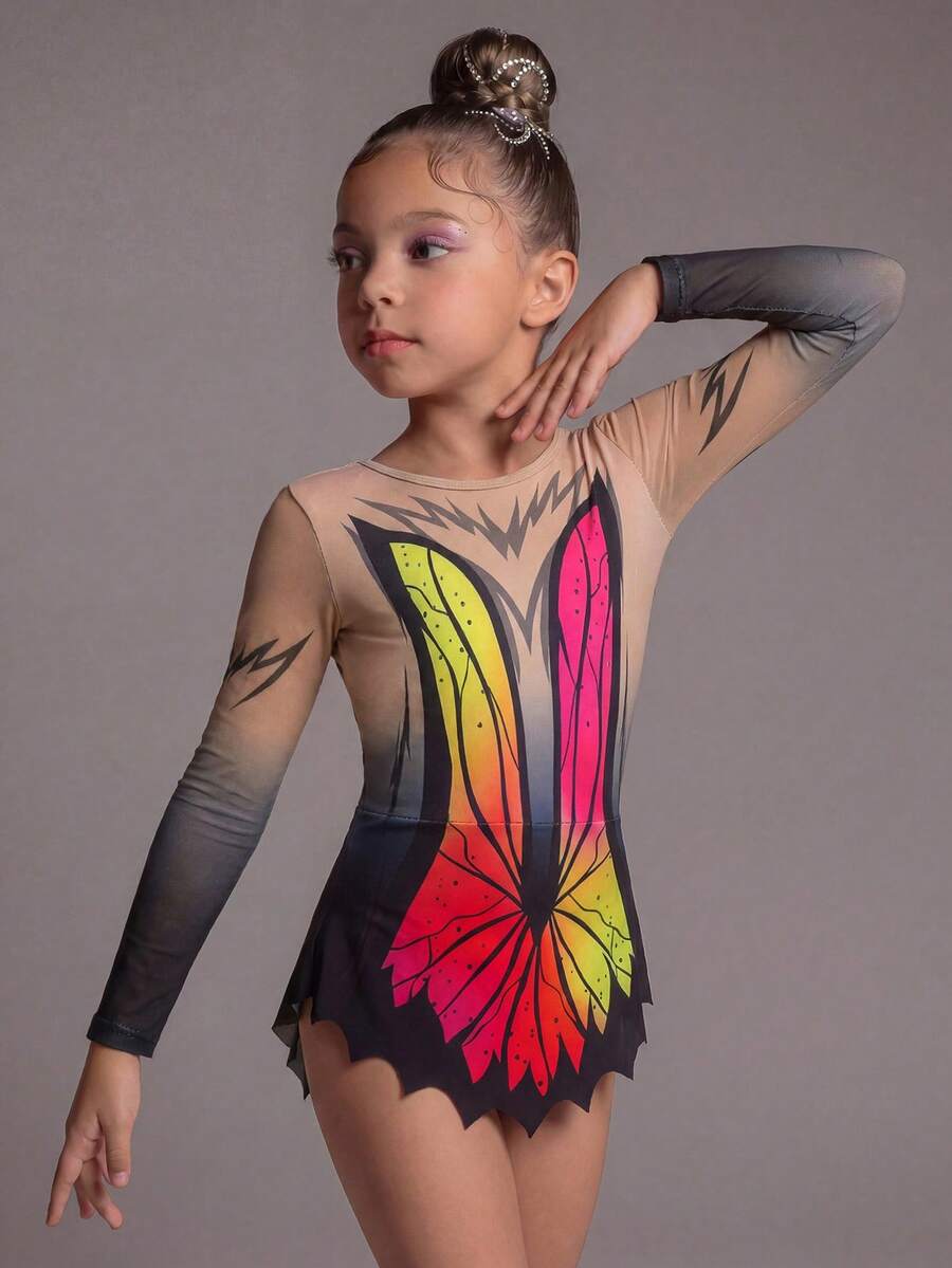 Young Girls' Patterned Gymnastics Leotard, Printed Design, High Elasticity Fabric, Team Competition, Individual Training - Multicolor - View 1