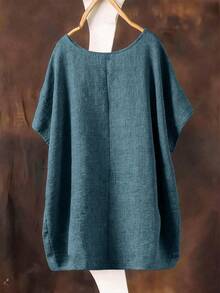 Linhara Spring/Summer Plus Size Women's Textured Round Neck Blouse, Versatile Casual - Dusty Blue - View 2