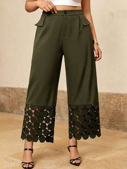 Juhart Plus Size Women Elegant Fashion Circle Lace Patchwork Casual Daily Long Pants Office Army Green Summer