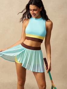VARSIVA Set Olahraga Wanita Atasan Tank Top dan Rok Celana Lipit Motif Blok Warna - MultiWarna - View 3