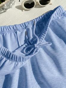 Comfortcana Plus Size Solid Color Elastic Waist Loose Casual Versatile Shorts, Soft Shorts For Spring & Summer, Blue - Blue - View 6