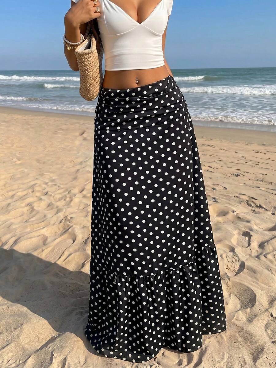 Sunnyshic Women's White And Black Polka Dot Waist Ruched Hem Ruffle Hem A-Line Skirt, Retro European And American Style, Autumn, Dating Beach Sexy - Black - View 1