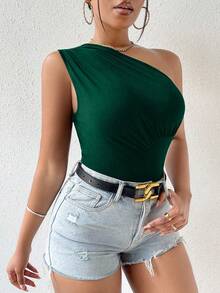 SHEIN PETITE 女款純色抓皺單肩修身百搭休閒性感上衣 深綠色 夏季 - 墨綠色 - 查看 5