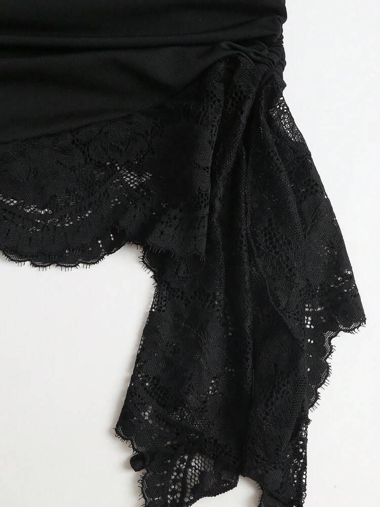 Sweetra 女款法式方領蕾絲拼接百褶長袖洋裝 - 黑色 - 查看 7