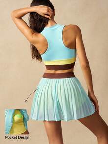 VARSIVA Set Olahraga Wanita Atasan Tank Top dan Rok Celana Lipit Motif Blok Warna - MultiWarna - View 12