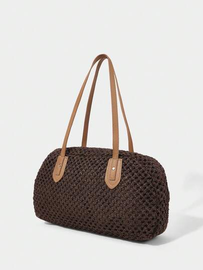 SHECARRY Bolso tote de paja hueca marrón de moda para mujer, bolso baguette de hombro ligero y de gran capacidad, adecuado para compras, fiestas, vacaciones, viajes, playa,