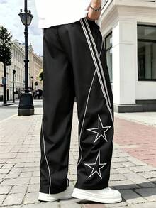 Manfinity Hypemode Men's Casual Versatile Daily Travel Long Pants With Pocket, Star Print And Color Block Design - Black - View 2