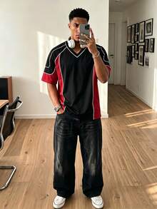 Manfinity Gritte Field 男士對比色寬鬆版短袖運動T恤，足球、健身房適用 - 黑色 - 查看 7
