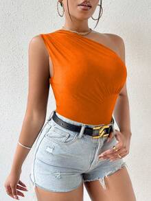 SHEIN PETITE 女款純色單肩抓皺修身百搭日常穿搭上衣 - 橘色 - 查看 3