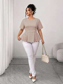 Elenzga Plus Size Women's Elegant Casual Versatile Round Neck Beige Short Sleeve Flared Blouse, Spring/Summer Office Formal - Khaki - View 6