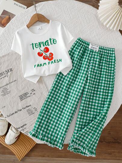 SHEIN Girls' Energetic Tomato Print Top With Green Plaid Long Pants, Ruffle Hem Design, Fresh Summer Pastoral Style Casual Outfit For Outings And Vacations