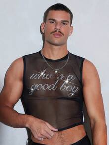 FeverCity Top casual transparente con letras y strass para hombre - Negro - Ver 3