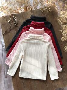 SHEIN Emery Rose Kids 4件組女童高領羅紋針織休閒T恤，高彈性翻領內搭底層T恤，女童秋季服飾，適合日常休閒穿著與外出 - 彩色 - 查看 2