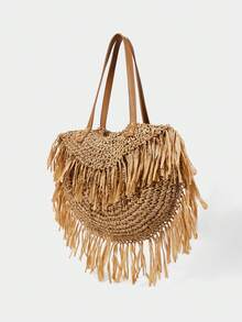 SHECARRY Bolsa Tote Casual de Palha Trançada Khaki para Mulheres, Estilo de Design, Leve e de Grande Capacidade, Bolsa de Ombro com Franjas, Adequada para Compras, Festas, Férias, Viagens, Praia, Beira-Mar - Caramelo - Visão 1