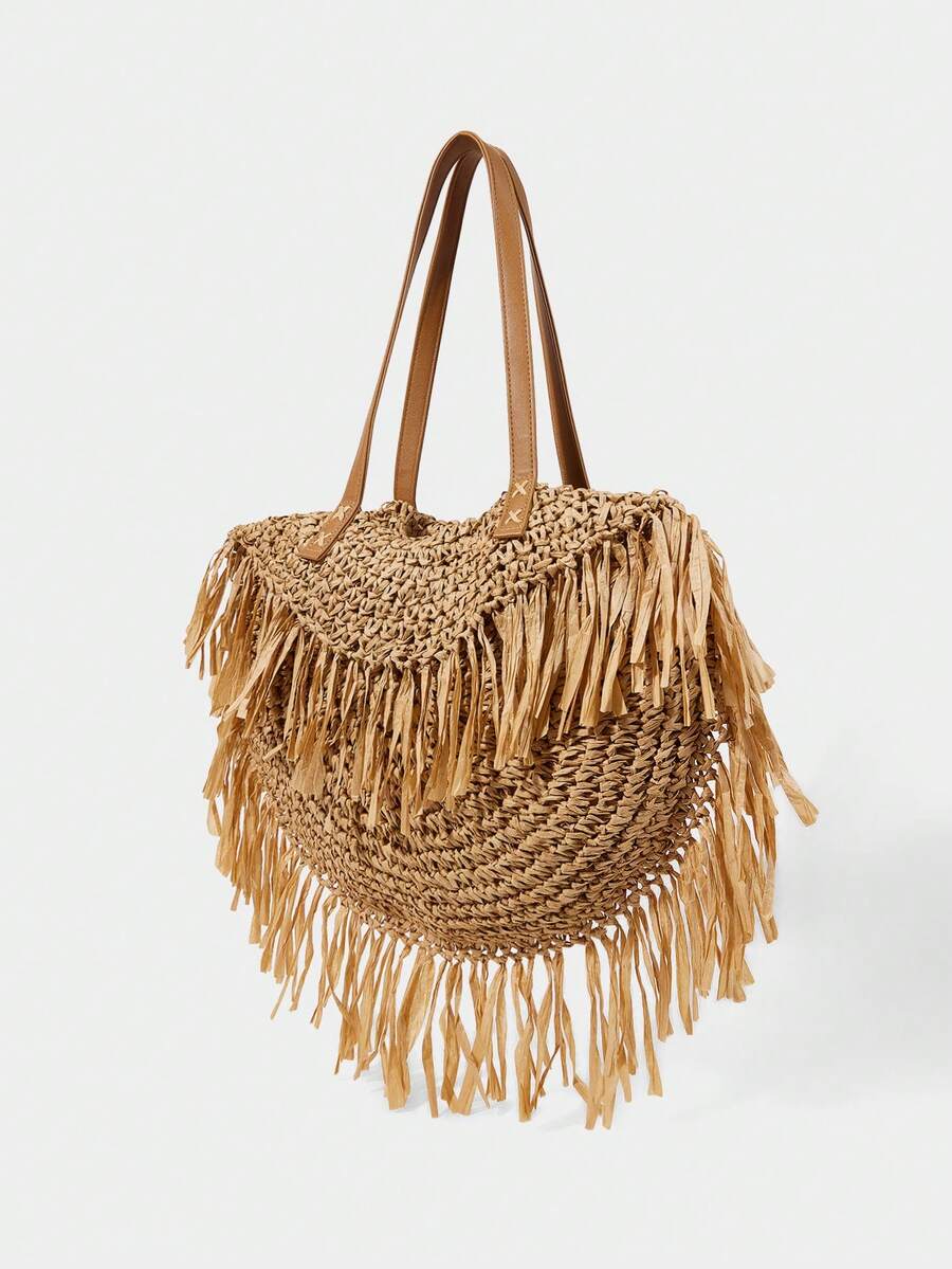 SHECARRY Bolsa Tote Casual de Palha Trançada Khaki para Mulheres, Estilo de Design, Leve e de Grande Capacidade, Bolsa de Ombro com Franjas, Adequada para Compras, Festas, Férias, Viagens, Praia, Beira-Mar - Caramelo - Visão 1