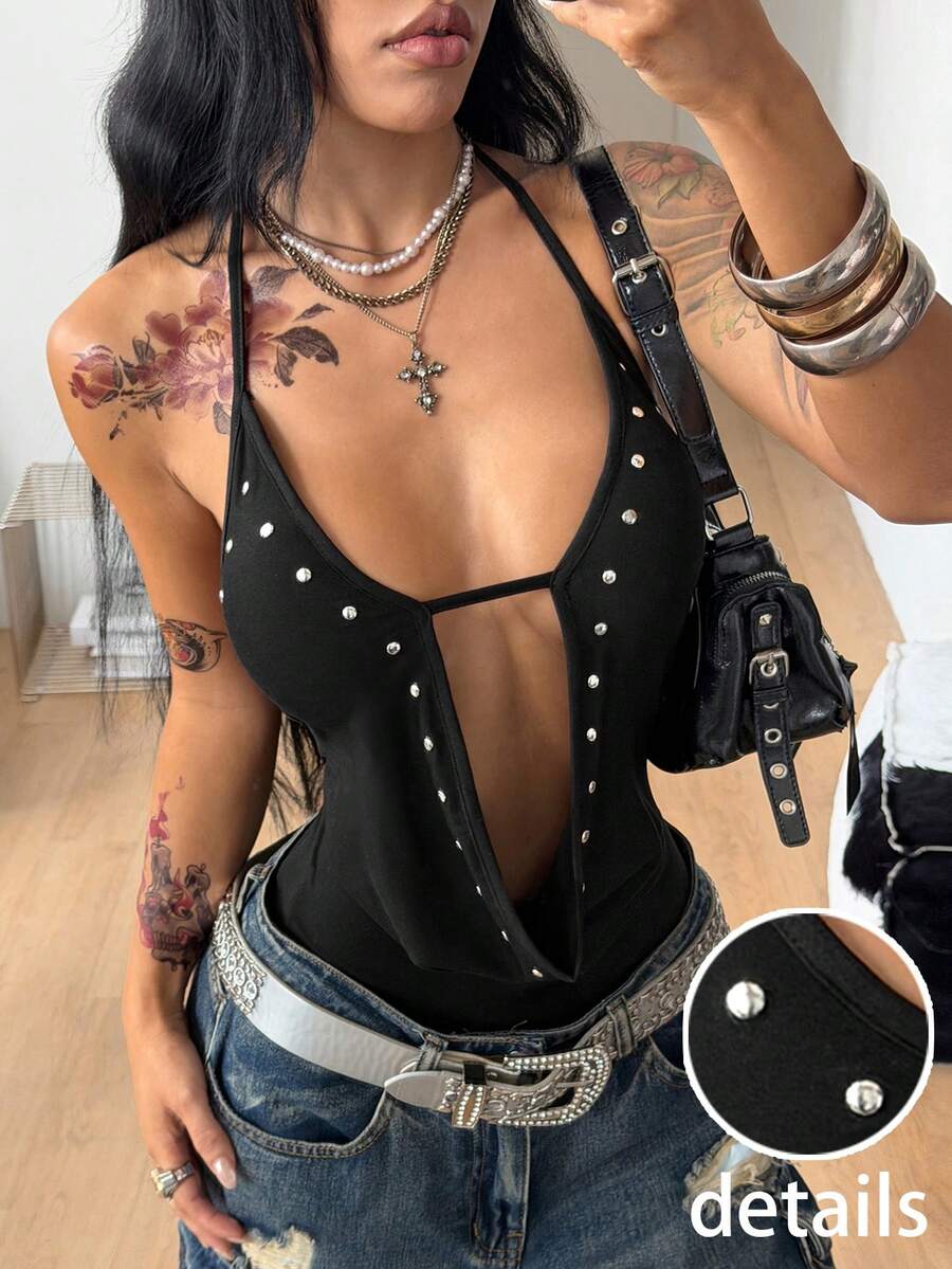 Coolane Women's Deep V Neck Halter Neck Spaghetti Strap Rivet Design Sexy One-Piece Bodysuit, Suitable For Casual, Vacation, Party - Black - View 1