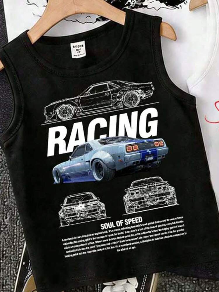 RANDOM 6 PIEZAS ENVÍO 3 PIEZAS Camiseta de tirantes casual y sencilla de cuello redondo con ajuste regular para niños preadolescentes, adecuada para el verano, con estampado gráfico clásico y elegante de coche de carreras vintage - Multicolor - Añade 5