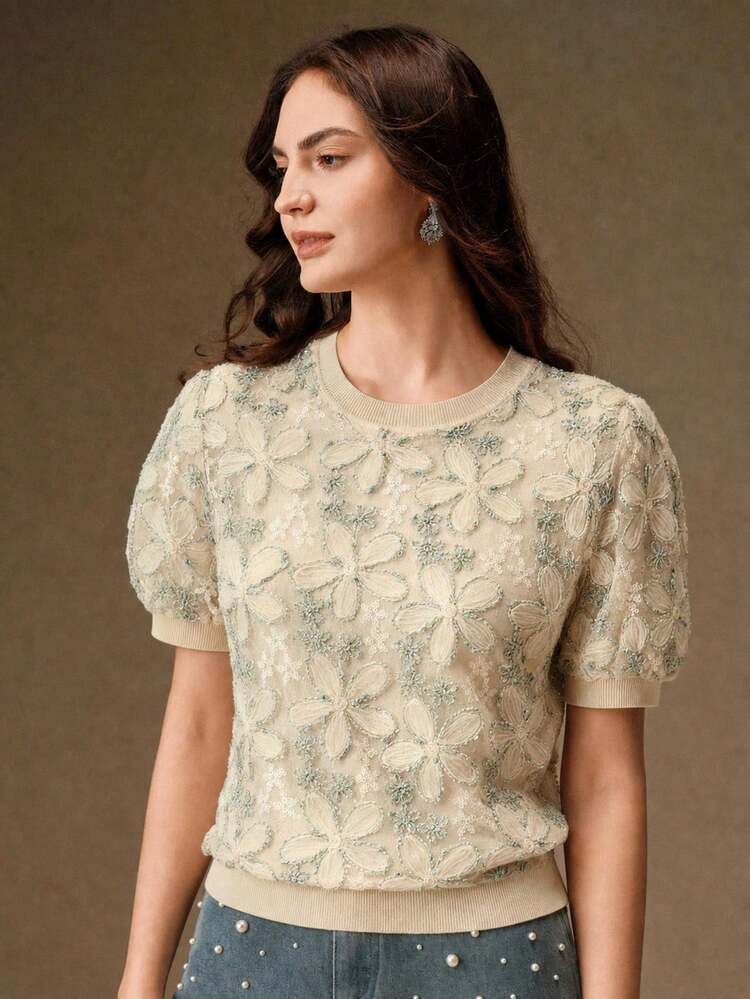 Anewsta Elegant Retro Chiffon Overlay Green Short Sleeve Slimming T-Shirt - Apricot - View 7