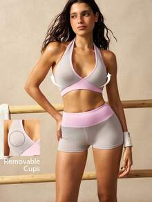 VARSIVA Women's Colorblock Cropped Halter Neck Tank Top And Shorts Sports Set - Multicolor - View 9