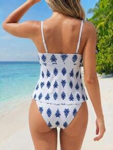 Swim Lushoire 女款花卉印花分體式比基尼上衣與三角比基尼褲兩件式泳衣套裝，藍白波希米亞風性感，適合夏季海灘度假 - 藍白色 - 查看 2