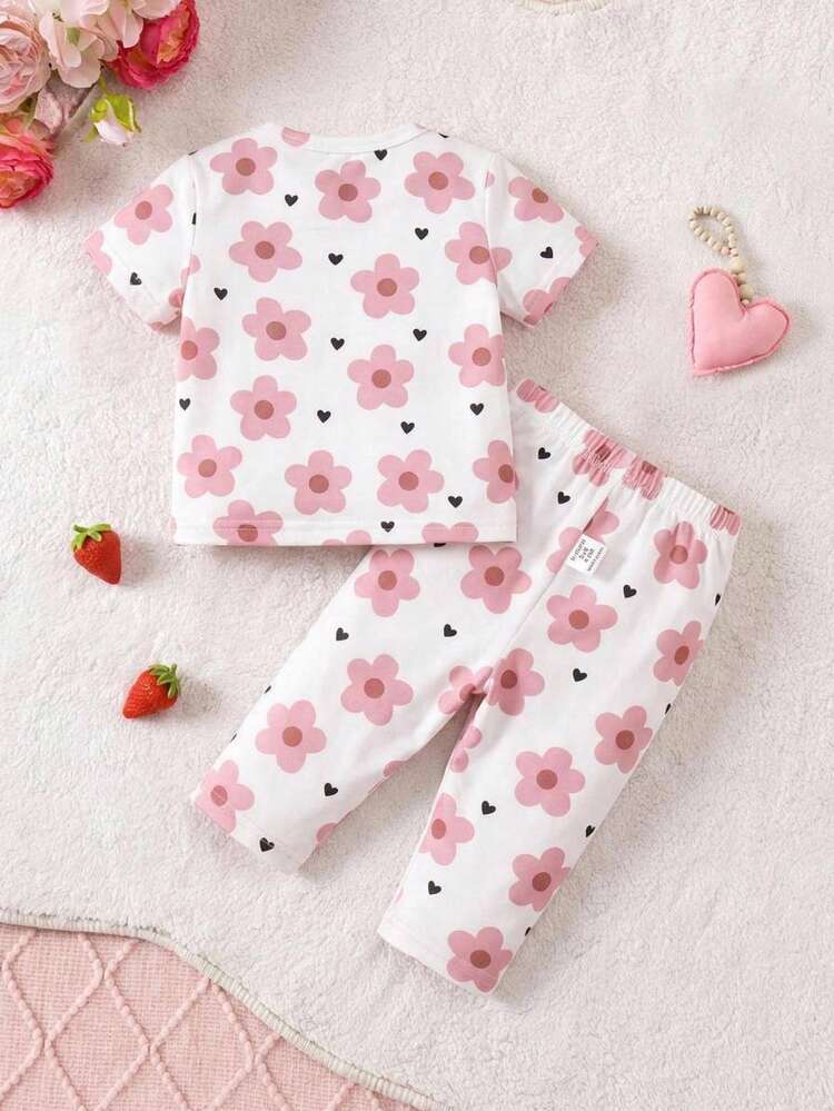 SHEIN 新生女嬰可愛夏季休閒針織粉色圖案短袖居家服套裝 - 淺粉色 - 查看 2