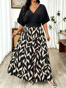 Weeklong Vestido casual elegante de uso diario para mujer talla grande, primavera/verano, cuello en V, estampado floral en forma de V, cintura ceñida, estilo largo acampanado, ropa de vacaciones - Multicolor - Ver 1