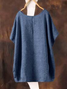 SHEIN Plus Size Women's Solid Color Round Neck Textured Casual Shirt Vacation Blue Summer - Navy Blue - View 2