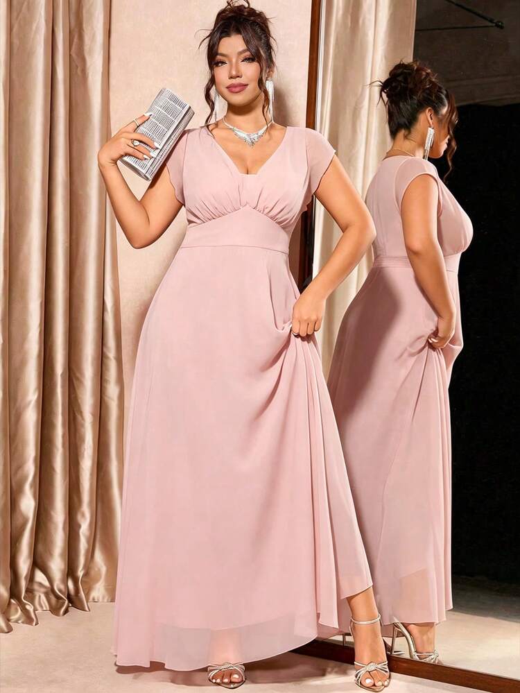 Elenzga Plus Size Women's Elegant Shirred Pleated Front Waist Gathered Design Cap Sleeve Dress - Sugar Pink - View 3