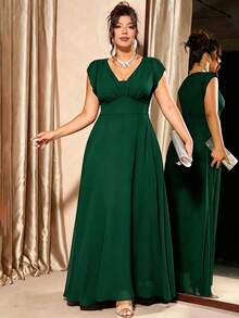 Elenzga Gaun Panjang Elegan Wanita Ukuran Besar, Leher V, Lengan Pendek, Warna Polos, Cocok untuk Pesta dan Acara Kumpul-kumpul - Dark Green - View 5