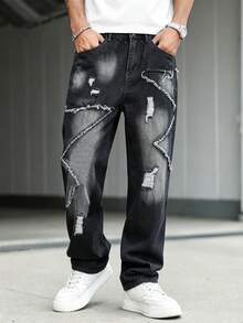 Manfinity EMRG Men's Casual Versatile Daily Wear Denim Jeans With Patchwork, Frayed Hem And Distressed Design - Black - View 5