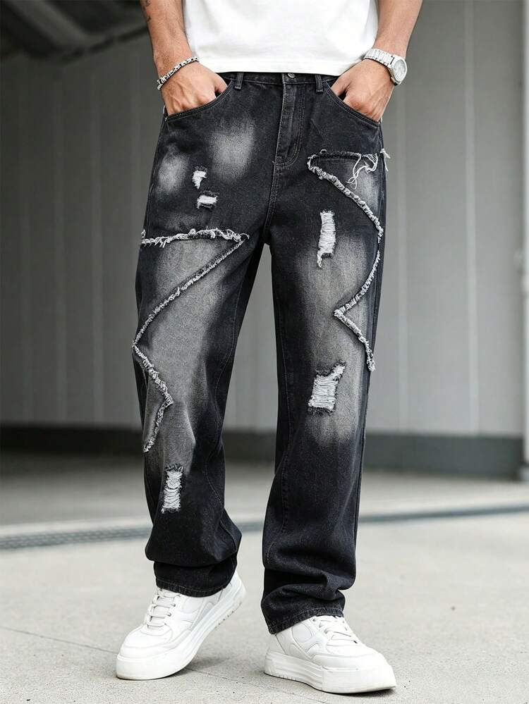 Manfinity EMRG Jeans de mezclilla casuales y versátiles para uso diario para hombres con patchwork, dobladillo deshilachado y diseño desgastado - Negro - Añade 5