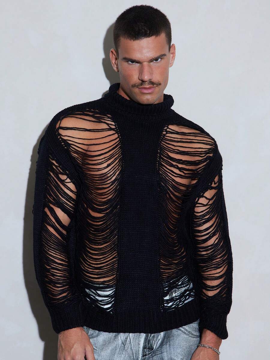 FeverCity Men's Solid Color Stand Collar Casual Versatile Daily Wear Long Sleeve Sweater, For Spring - Black - View 1